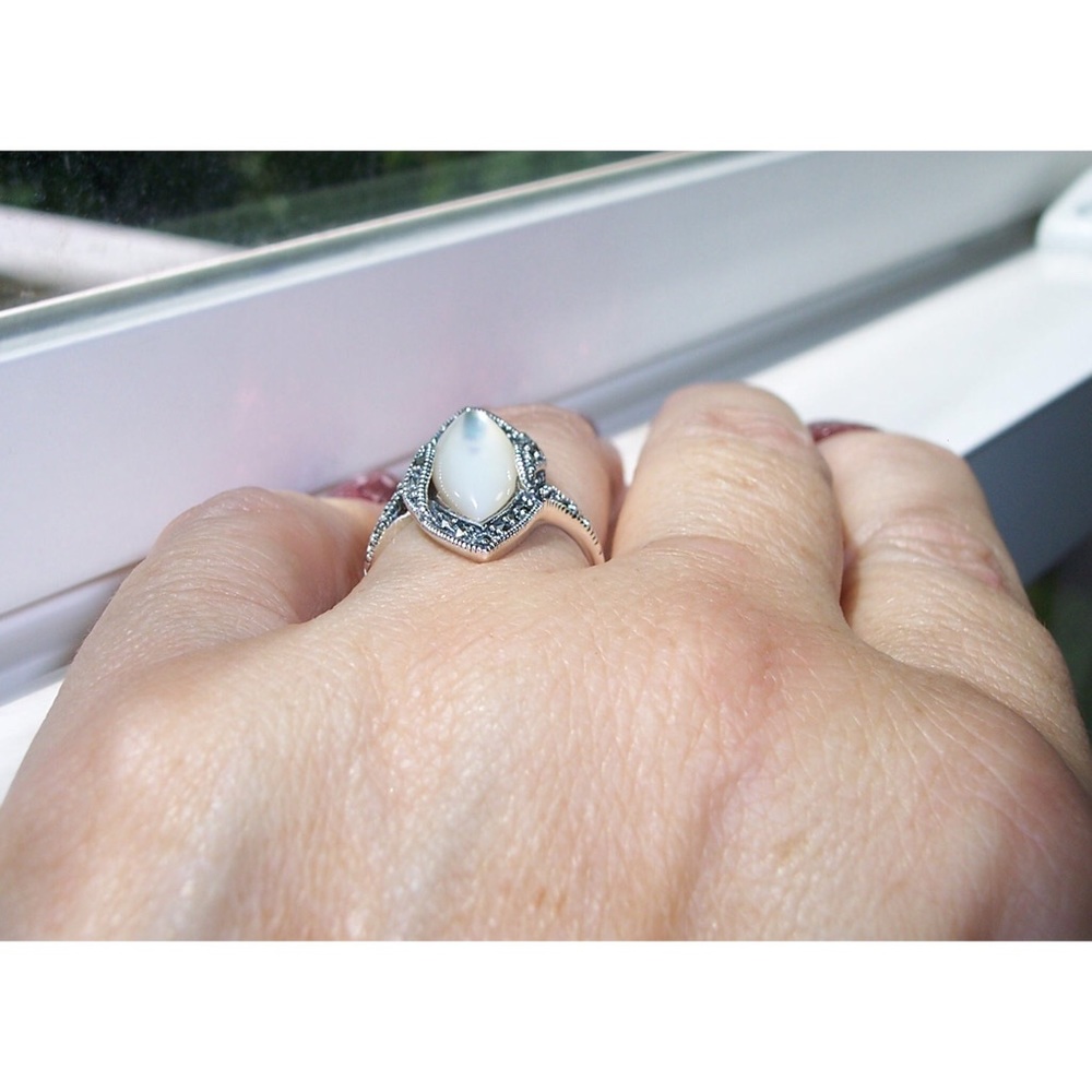 Mother Of Pearl Marcasite Ring 925 Sterling Silver Marquise Women's - Picture 5 of 15